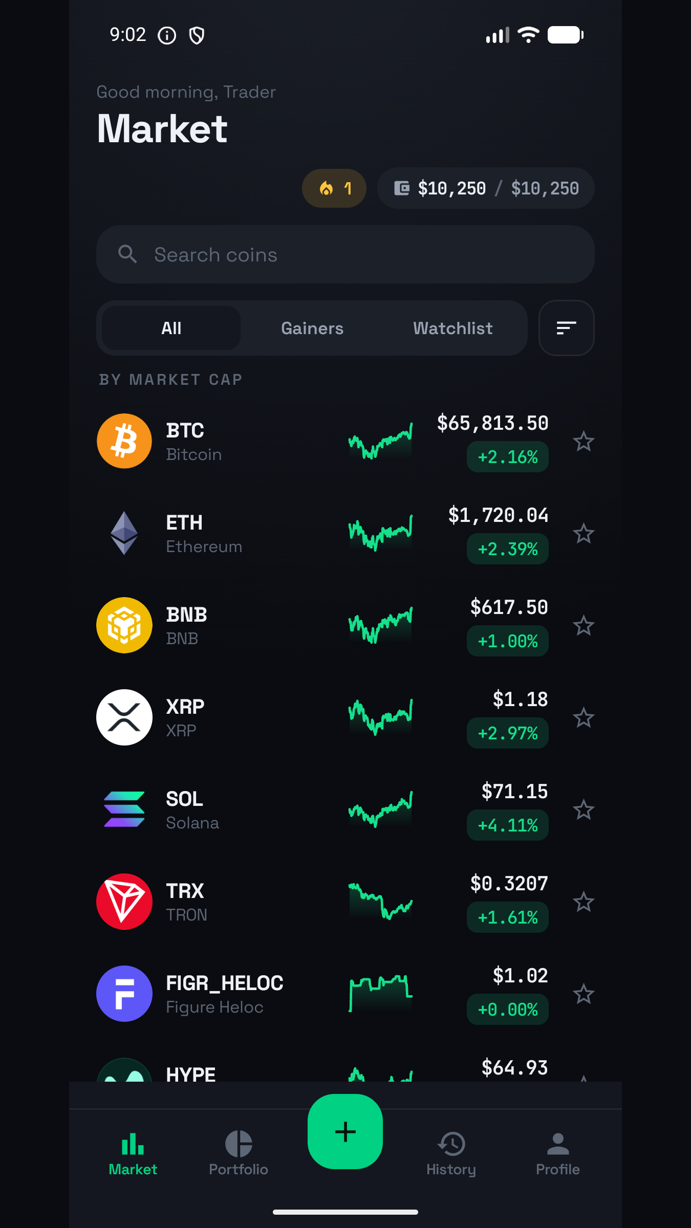 Market screen listing coins with live prices and sparkline charts