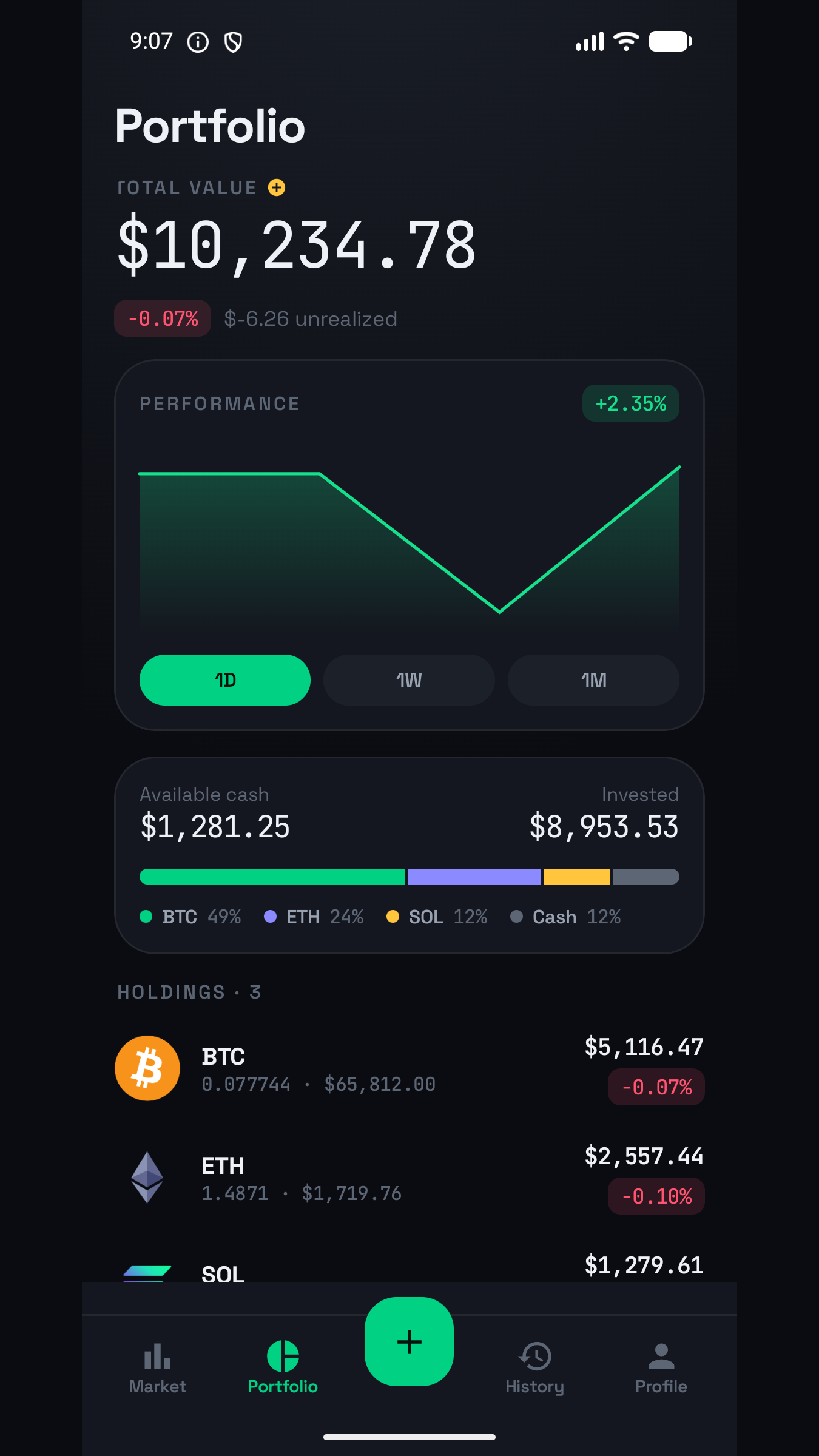 Portfolio screen showing total virtual value, performance and holdings