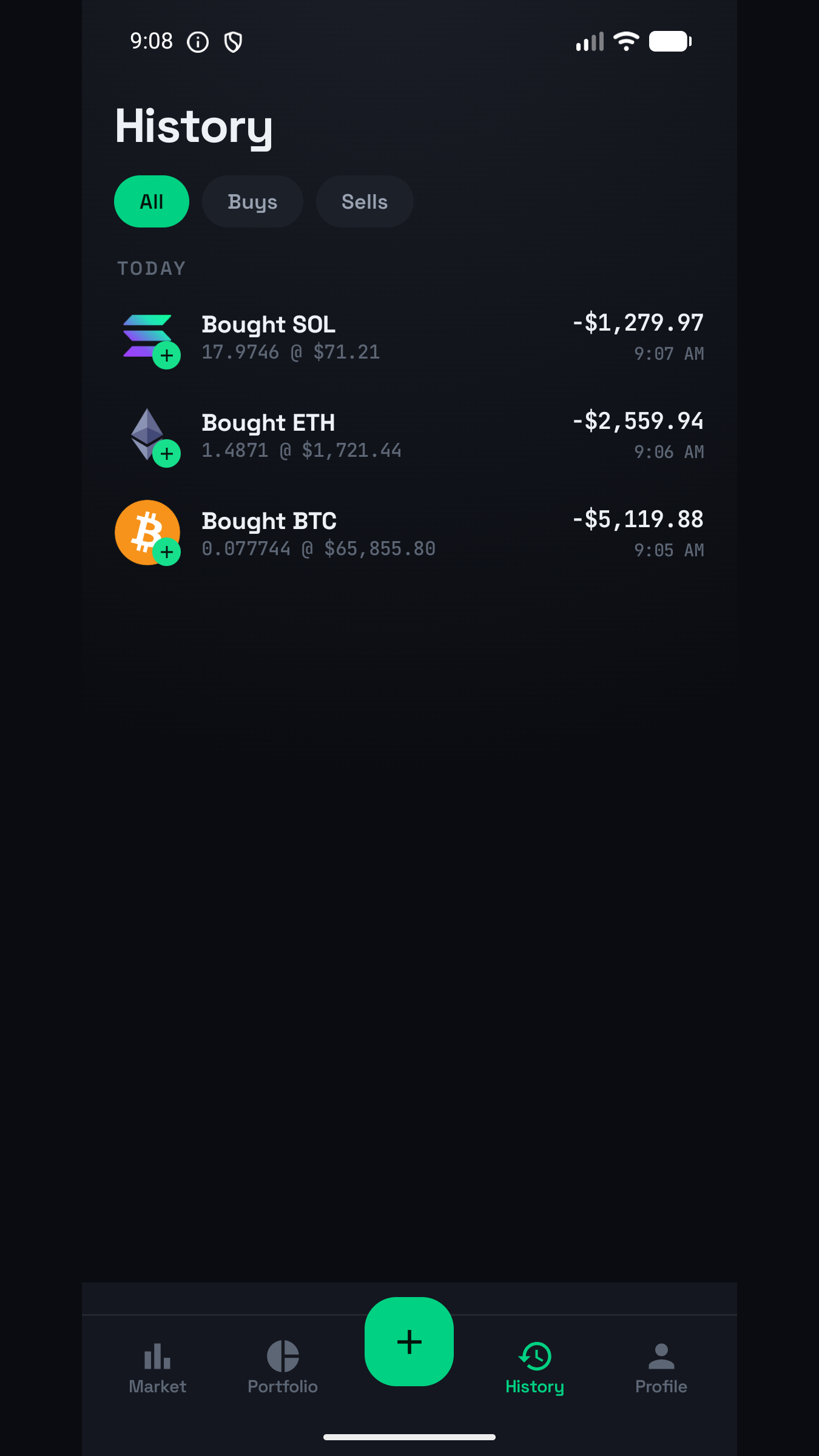 History screen listing past simulated buys and sells