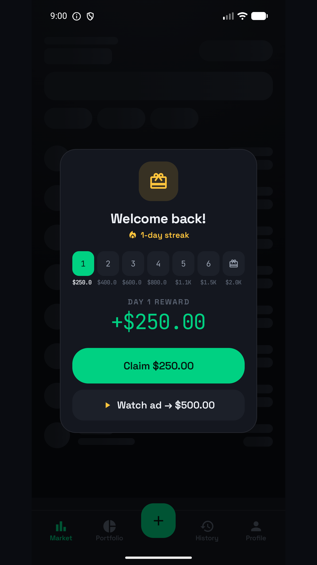 Daily reward popup granting virtual cash for a login streak
